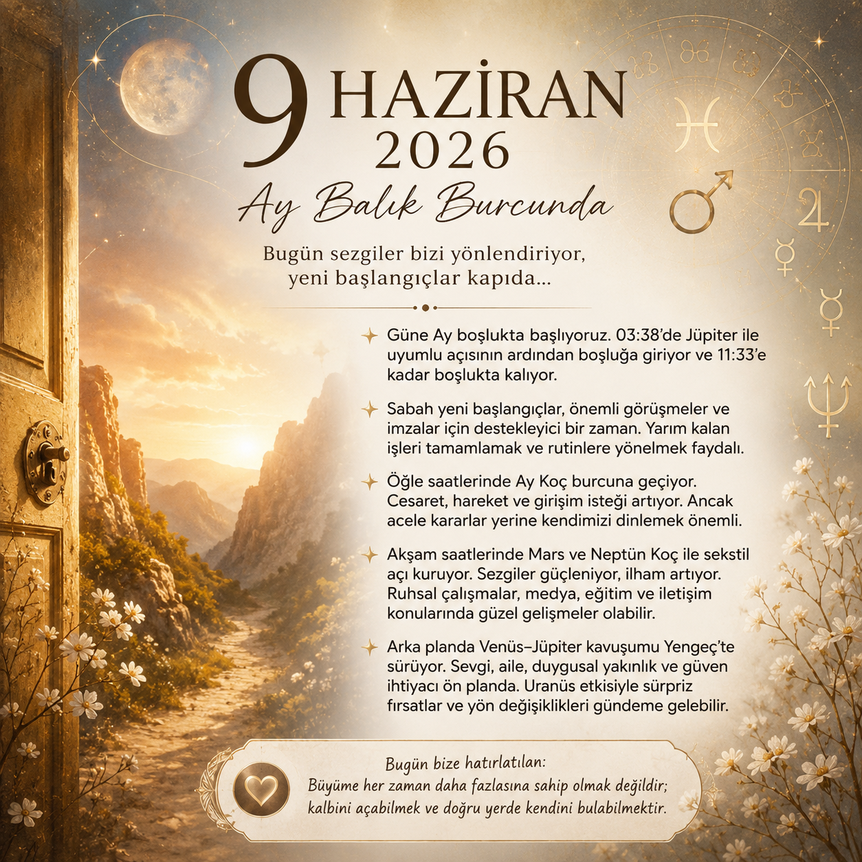 9 Haziran 2026 Ay Balık Burcunda günlük astroloji